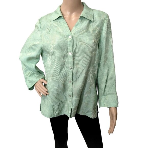 Scott Taylor Plus Size XL Top Button-Up Mint Green Textured Long Sleeve Collared - Picture 2 of 8
